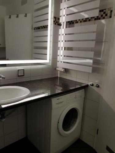 a bathroom with a washing machine and a sink at Seeschloss Wohnung 22 in Dahme