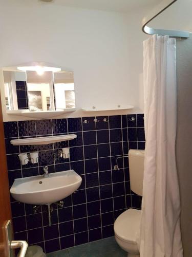 a bathroom with a sink and a toilet and a mirror at Feriengarten Dahme W 13 in Dahme