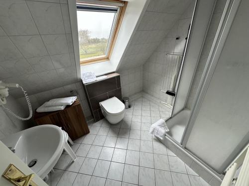 a bathroom with a toilet and a sink and a shower at Fehmarn 17-5 in Fehmarn
