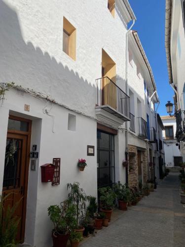 an alley with potted plants on the side of a building at Apartamentos turísticos "El Refugio" in Algar de Palancia