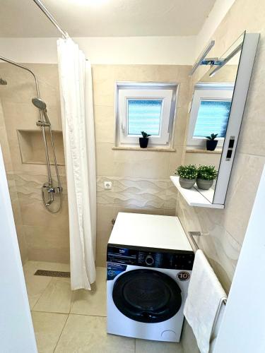 a washing machine in a bathroom with a shower at Apartment Anchor Luxury in Slatine