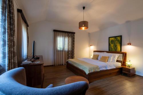 a bedroom with a bed and a tv and a chair at Forte Rose Hotel in Herceg-Novi