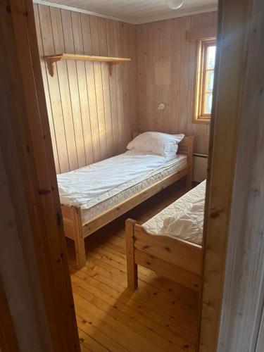 a small room with two beds and a window at Tyinholmen hytter in Eidsbugarden