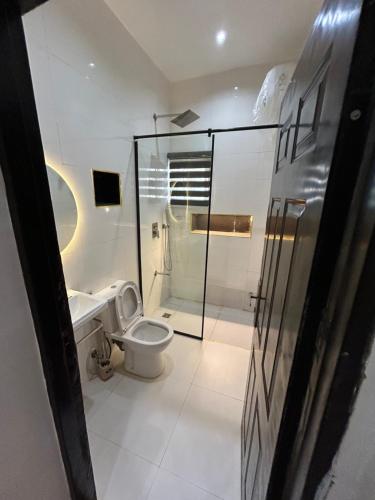 a bathroom with a toilet and a glass shower at Omas Apartment in Abuja