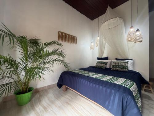 a bedroom with a blue bed and a plant at Rahayu House in Kusamba