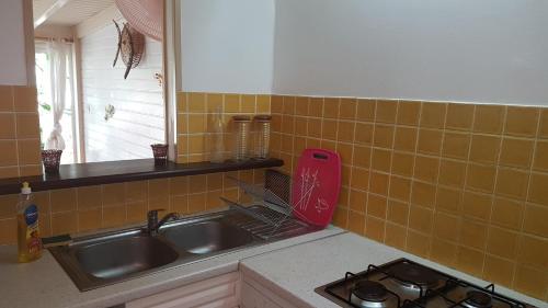a kitchen counter with a sink and a stove at Location Marigot in Terre-de-Haut
