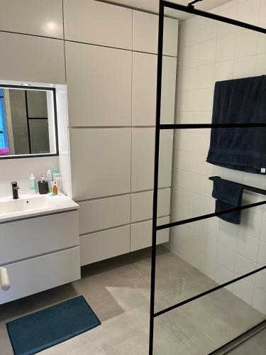 a bathroom with a shower and a sink at Blutsyde Cannes luxury appartment in Bredene
