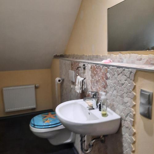 a bathroom with a sink and a toilet at Farbenfrohe Dachgeschoßwohnung in Giesen