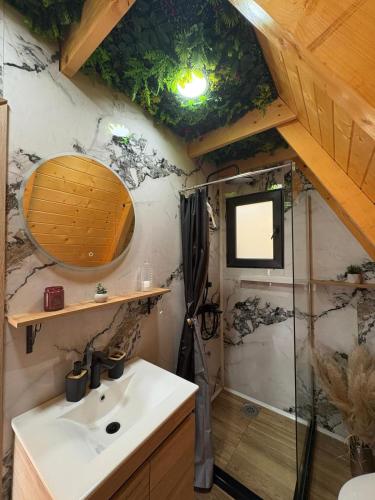 a bathroom with a sink and a shower at Vila Ahouse in Jagodina