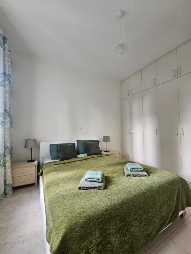 a bedroom with a large bed with two towels on it at Quiet 61 Perivolia in Meneou
