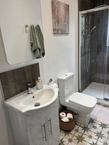 a bathroom with a sink and a toilet and a shower at Stylish Didsbury House in Manchester