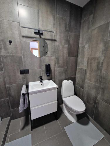 a bathroom with a toilet and a sink at Gardenvillage house in Daržininkai
