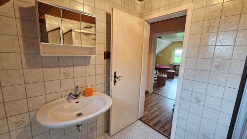 a bathroom with a sink and a mirror at Ferienwohnung Lippewiesen in Lippetal