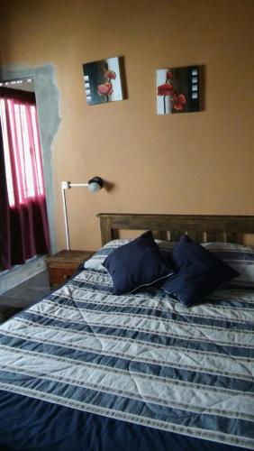1 cama en un dormitorio con 2 cuadros en la pared en La Casita de Sil en Mina Clavero