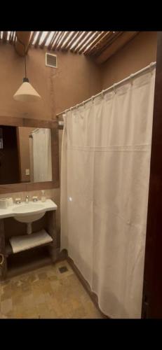 a bathroom with a shower curtain and a sink at Quinta La Paceña in Tilcara