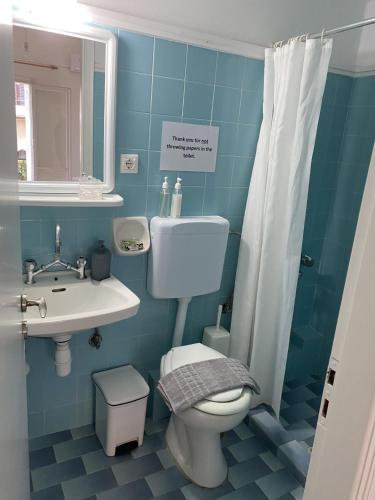 a blue bathroom with a toilet and a sink at Flokos in Lygia