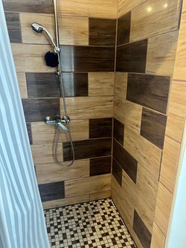 a bathroom with a shower with a wooden wall at Duna Panoráma Vendégház in Mohács