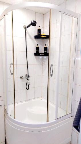 a shower with a glass door in a bathroom at Ciemos pie Ingas Sedā in Seda
