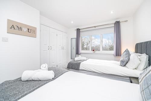 two beds in a white room with a window at Prime Commuter Executive Apartment Dunfermline in Dunfermline