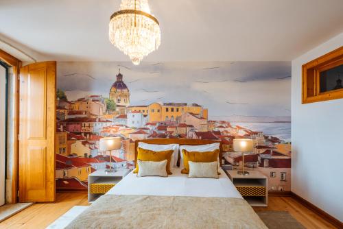 a bedroom with a city mural on the wall at Varandas de Lisboa - Tejo River Apartments & Rooms in Lisbon