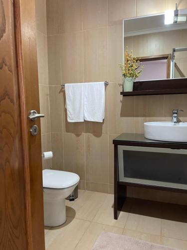 a bathroom with a toilet and a sink and a mirror at Casa de José in Cabeceiras de Basto