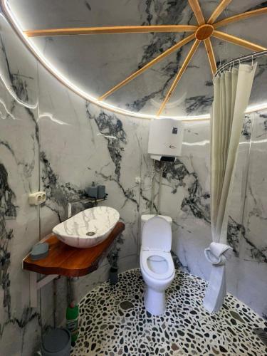 a bathroom with a toilet and a sink at Отель 3 in Kurmenty