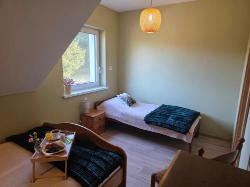 a small room with a bed and a window at W Olchach - lokal Klon in Wiktorowo