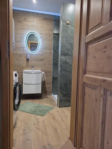 a bathroom with a shower and a sink and a mirror at W Olchach - lokal Klon in Wiktorowo