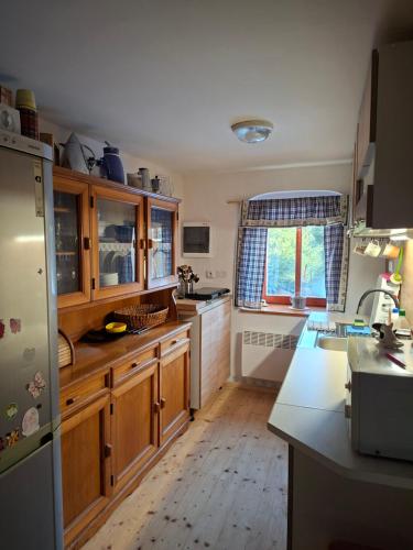 a kitchen with wooden cabinets and a refrigerator at Chalupa Rumovka in Ostružná