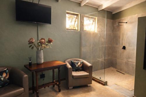 a bathroom with a shower with a chair and a table at Gallo Vista B & B in Gillitts-Emberton