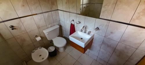 a bathroom with a toilet and a sink at Riberas del Parana in Wanda