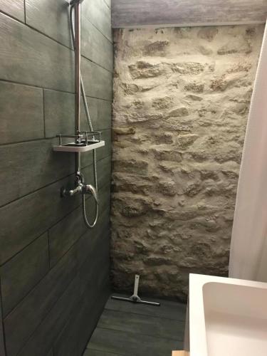 a bathroom with a shower with a stone wall at Gîte ABMA in Clugnat