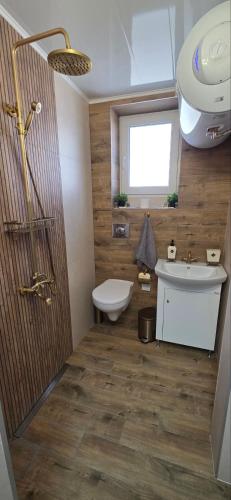 a bathroom with a sink and a toilet and a window at Еви 1 in Gabrovo