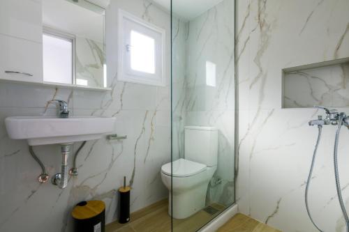 a bathroom with a toilet and a sink and a shower at Κοχειλα Ματουλα Ενοικιαζόμενα Δωμάτια in Spetses