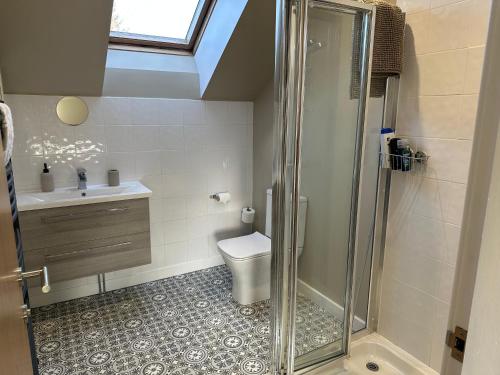 a bathroom with a shower and a toilet and a sink at Coiseag at Maol Ruadh, Roy Bridge, near Ben Nevis in Roybridge