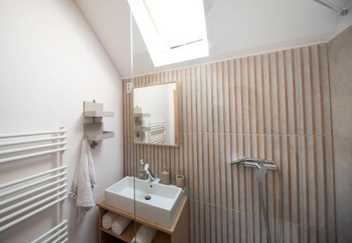 a bathroom with a sink and a mirror at Vörösdió apartment house in Szilvásvárad