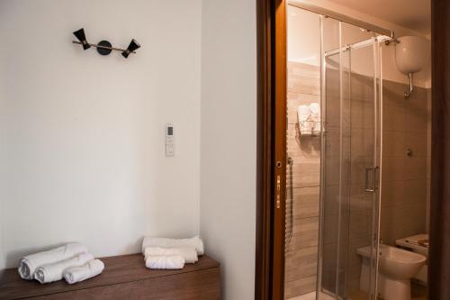 a bathroom with a shower and a toilet and towels at Agriturismo San Germano in San Vittorino