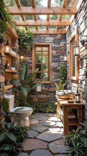 a stone walled bathroom with a toilet and a sink at Hacienda Cordova in San Sebastián Etla