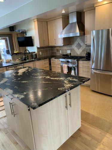 a kitchen with a granite counter top and a refrigerator at Aspen Woodlands Bed and Breakfast in Winnipeg
