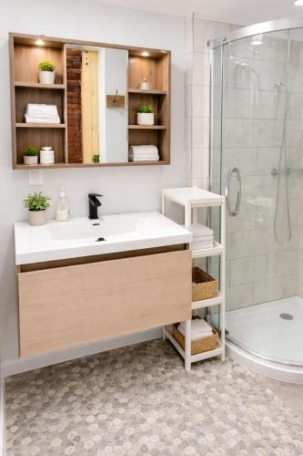 a bathroom with a sink and a shower at Le Cube in Drummondville