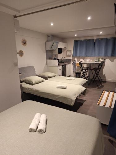 a room with two beds and a kitchen with a table at Maison studio, tiny house, parking privé, jardin in Toul