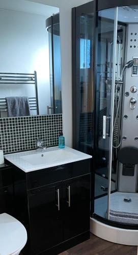 a bathroom with a glass shower and a sink at Kendall Lodge in Burwell