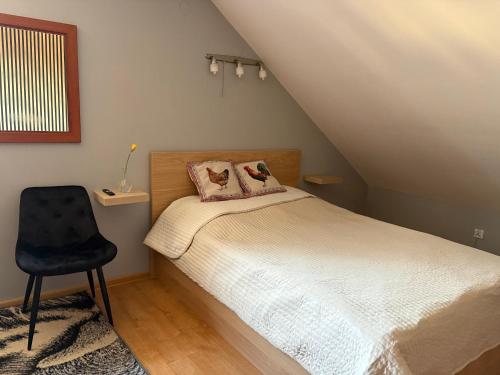 une petite chambre avec un lit et une chaise dans l'établissement Orzechowa Zagroda, à Nowa Słupia