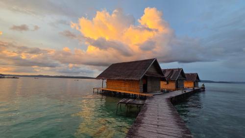a row of houses on a dock in the water at Frances Homestay - Raja Ampat in Pulau Mansuar