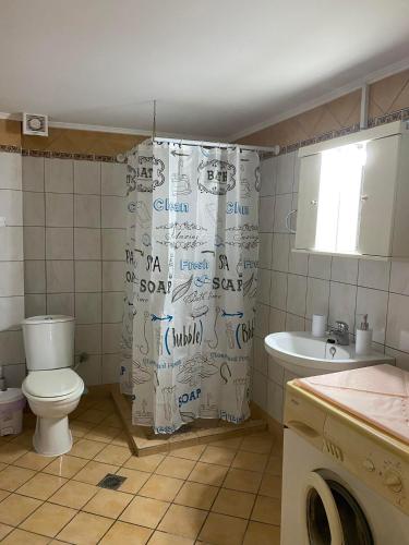 a bathroom with a shower curtain with writing on it at Giannis' House in Polichnítos