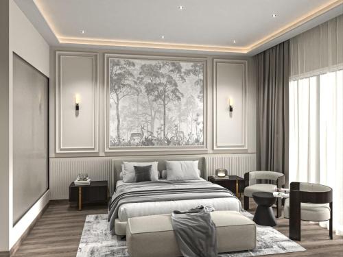 a bedroom with a bed and a painting on the wall at Trinity Hotel Banquet & Spa in Siliguri
