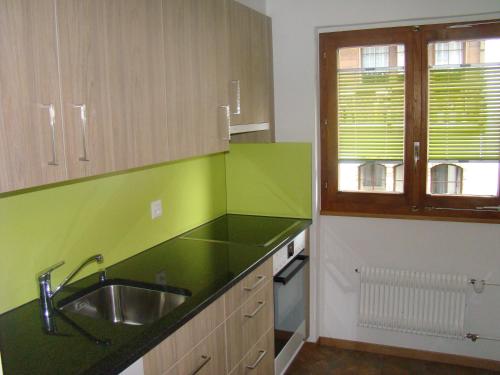 eine grüne Küche mit einem Waschbecken und einem Fenster in der Unterkunft Haus Rio in Saas-Fee