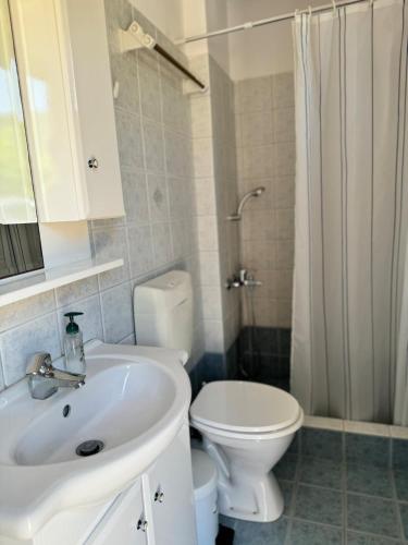a bathroom with a white sink and a toilet at Limnes Seaside Studio in Ligaridia