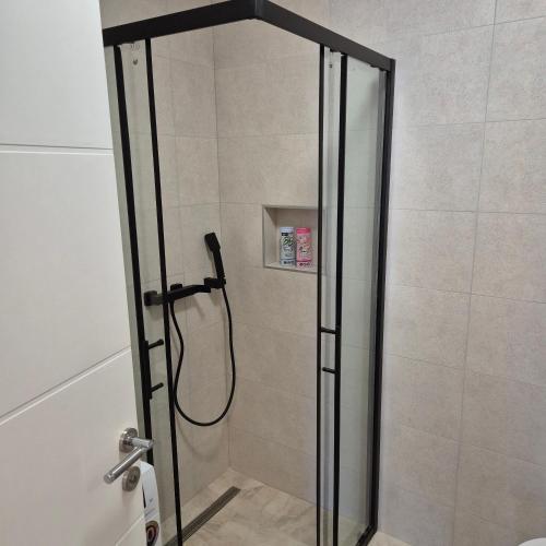 a shower with a glass door in a bathroom at Aura Apartment FREE PARKING in Brčko
