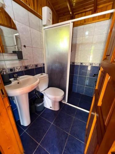 a bathroom with a toilet and a sink and a shower at arzum bungalovs in Kumluca